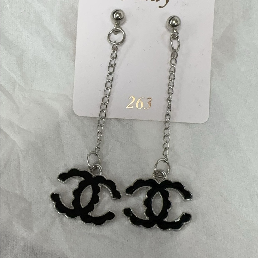 CCute Black and Silver Logo Drop Earrings